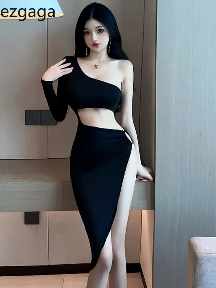 

Ezgaga Split Dress Woman Irregular Hollow Out One Shoulder Diagonal Collar Solid Slim Sexy Dresses Ladies Clubwear Fashion