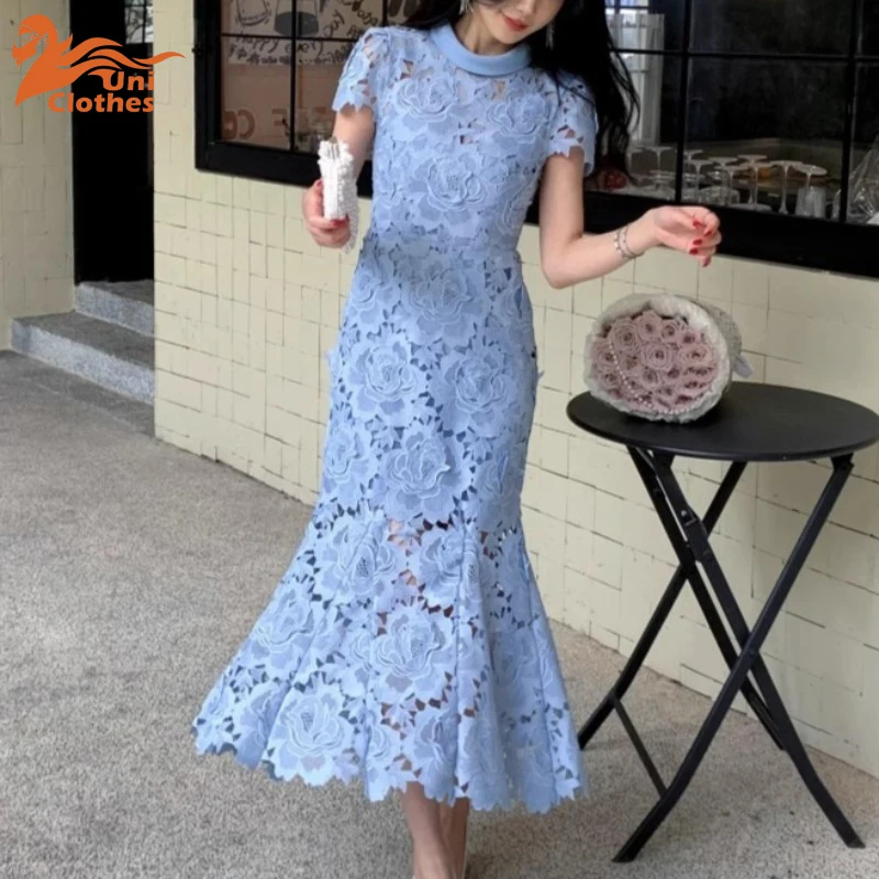 UNI Новое женское кружевное платье миди с 3D цветочным принтом и коротким рукавом, женское праздничное платье с воротником-стойкой UNI Новое женское кружевное платье миди с 3D цветочным принтом и коротким рукавом, женское праздничное платье с воротником-стойкой