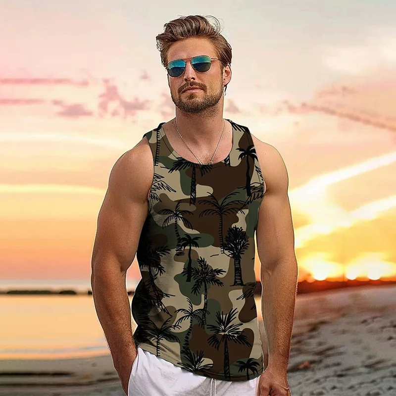 Fresh Coconut Print Men's Harajuku Street Fashion Comfortable Men's Vest Beach Seaside Vacation Comfortable Breathable Vest