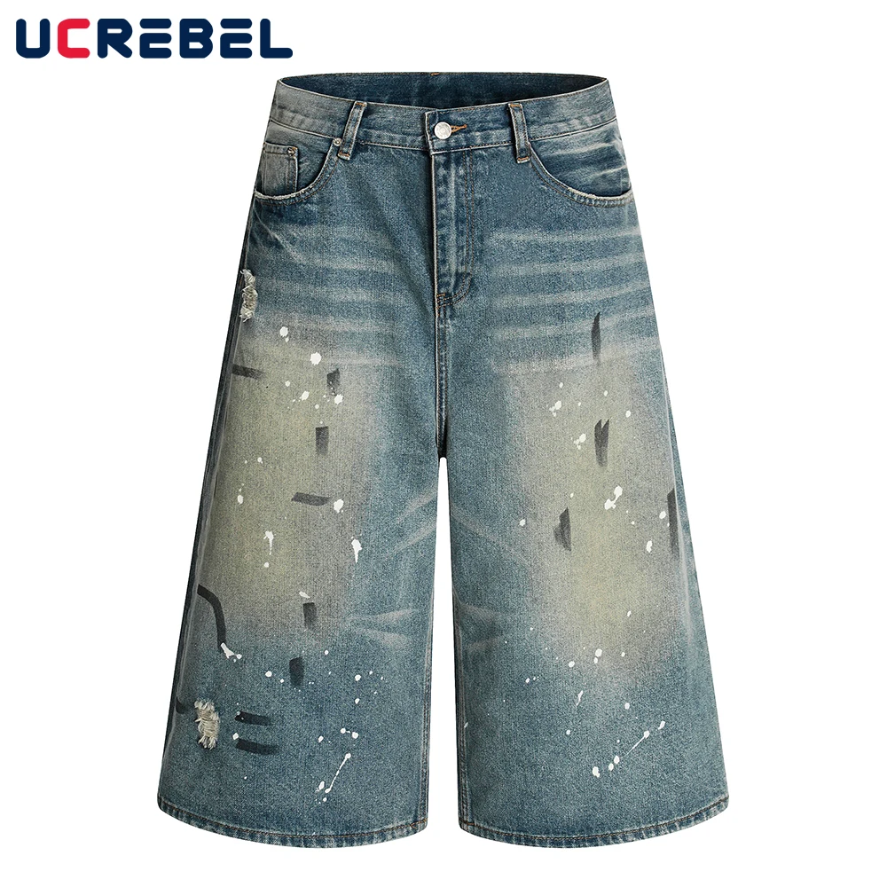 

Splash ink Graffiti Denim Shorts Mens Ripped Retro High Street Washed Distressed Loose Wide leg Jeans Short Pants Men