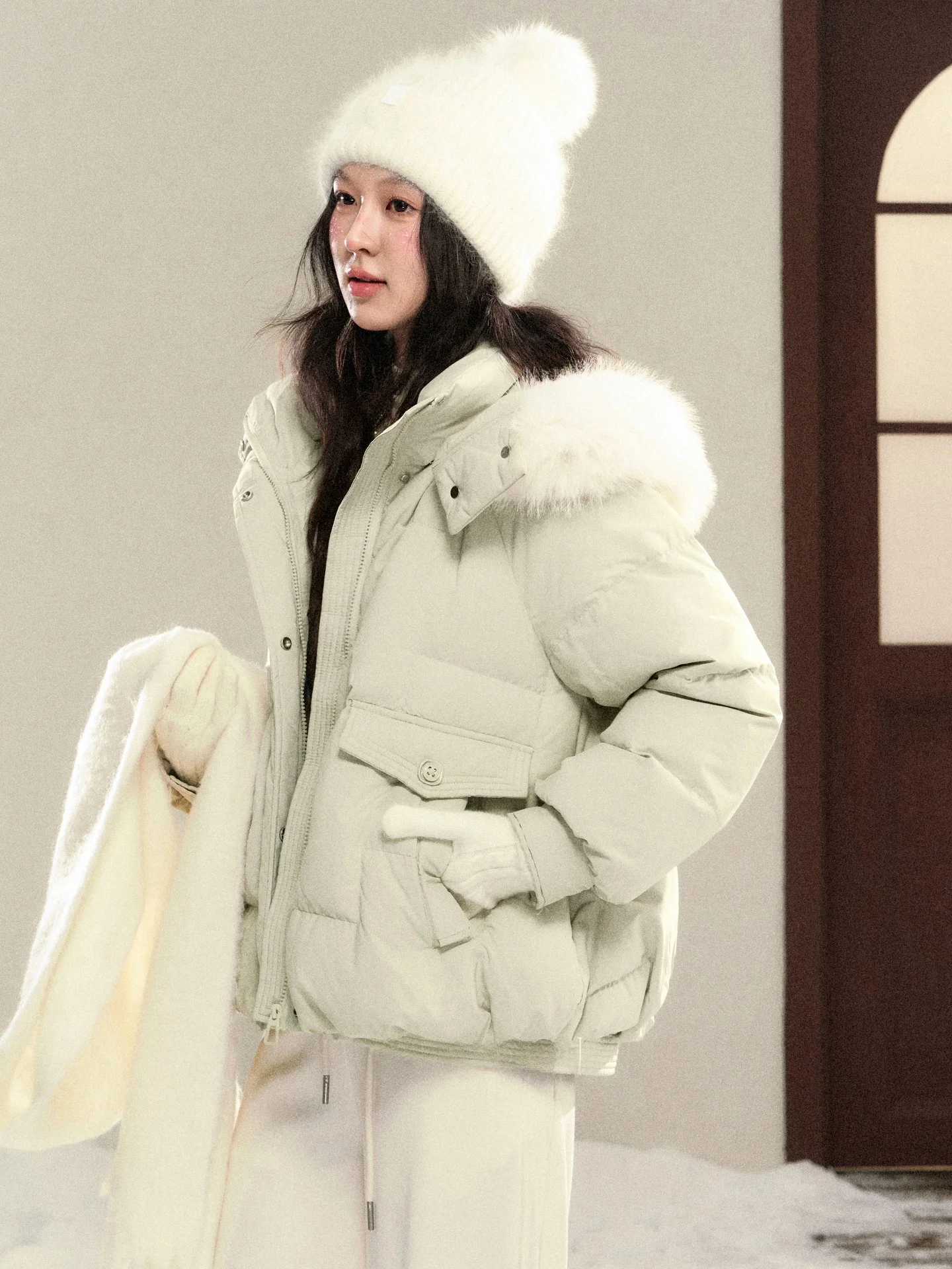 

Detachable White Du down Jaet Women's Winter Loose Warm Top Snowy Blue Color Zipper Closure Long Sve Mid-Length Coat