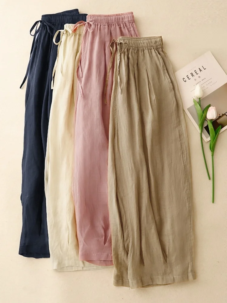 

Женские летние тонкие брюки-фонарики в стиле ретро из конопляной ткани с высокой талией, утягивающие, двухслойные, хлопковые, широкие, повседневные, укороченные, в стиле Харлан