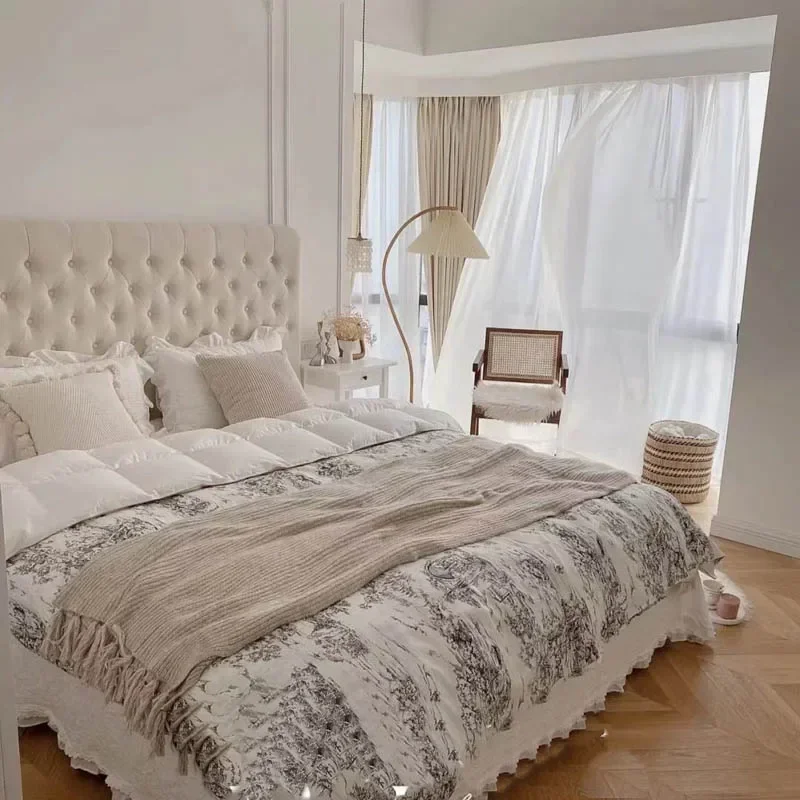 American Country Fabric Bed French Vintage Style Master Bedroom Pull Buckle Big Bed Nordic Modern 1.8 M Cotton and Linen Bed