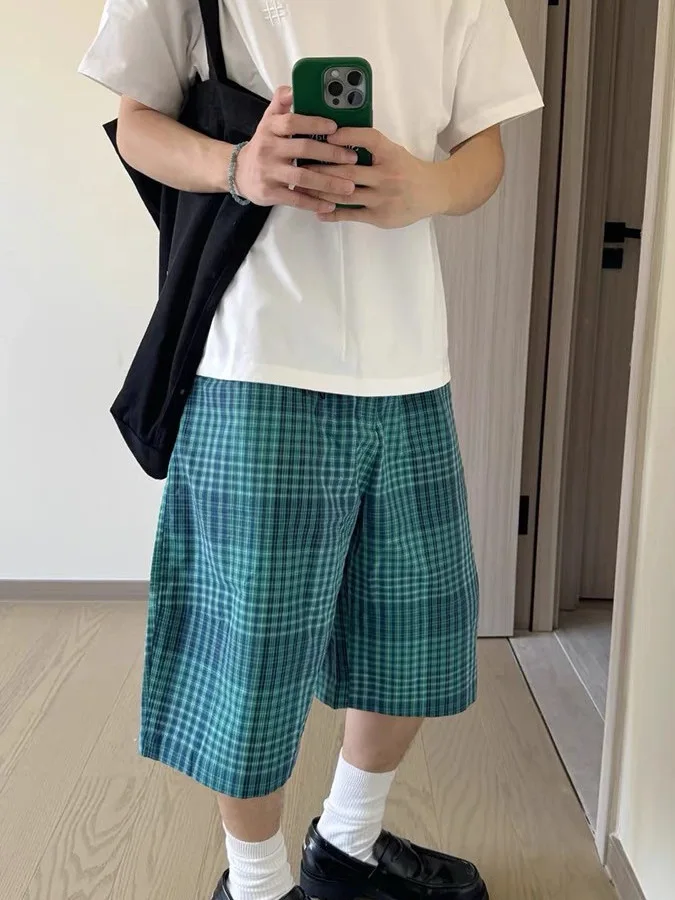 

Retro Japanese Blue Plaid Streetwear Loose Straight Leg Summer Casual orts ex Five-Quarter Length Breathable Faionable
