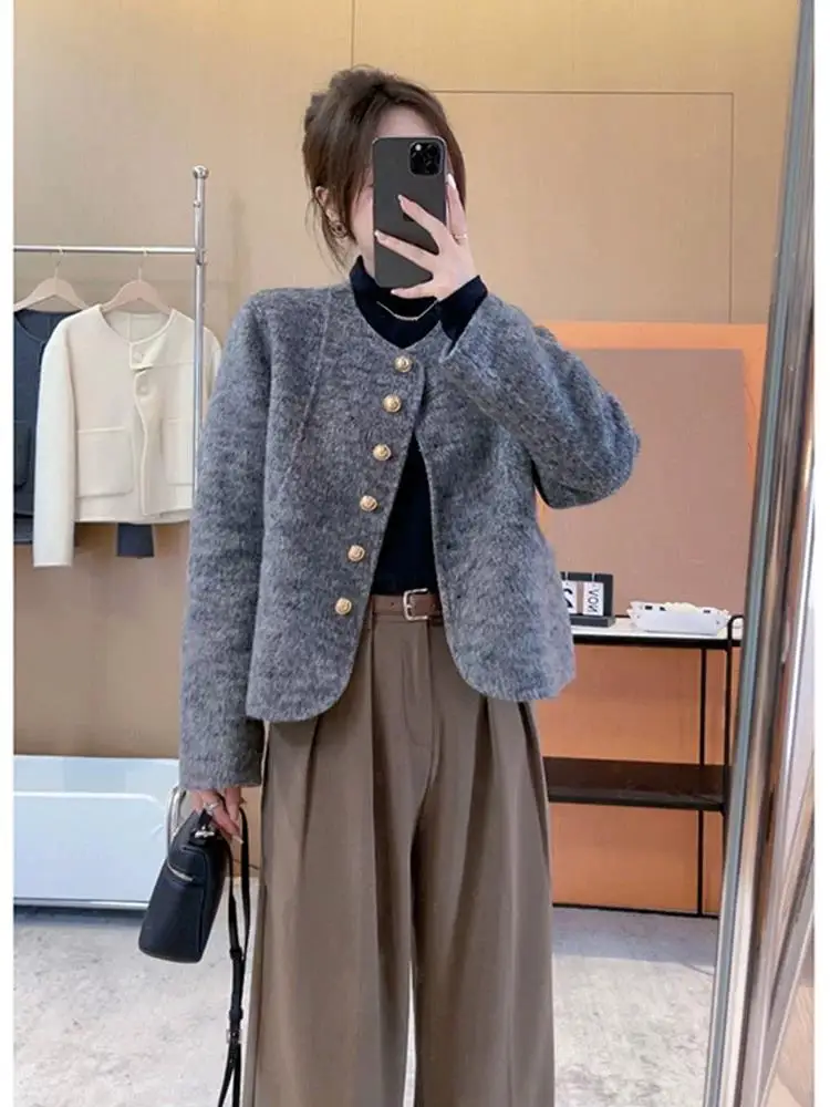 Ladies' Single-Button Long-Sleeve Woolen Coat Elegant Korean Design Autumn Winter Fashion Outerwear Commute Style Loose Fit