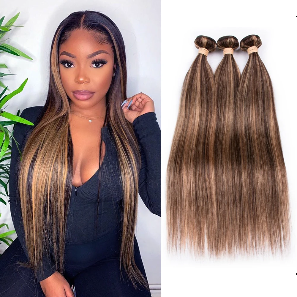 Highlight Bundles Malaysian Straight Human Hair Bundles Ombre Brown Straight Hair Bundles 3 Bundles Remy Human Hair Extensions