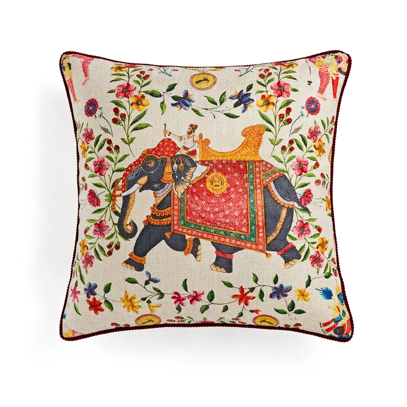 Retro Elephant French Garden Style Flora Print  Cushion Cover Decorative Pillow Case Art Home Joyful Red Yellow Color Decor