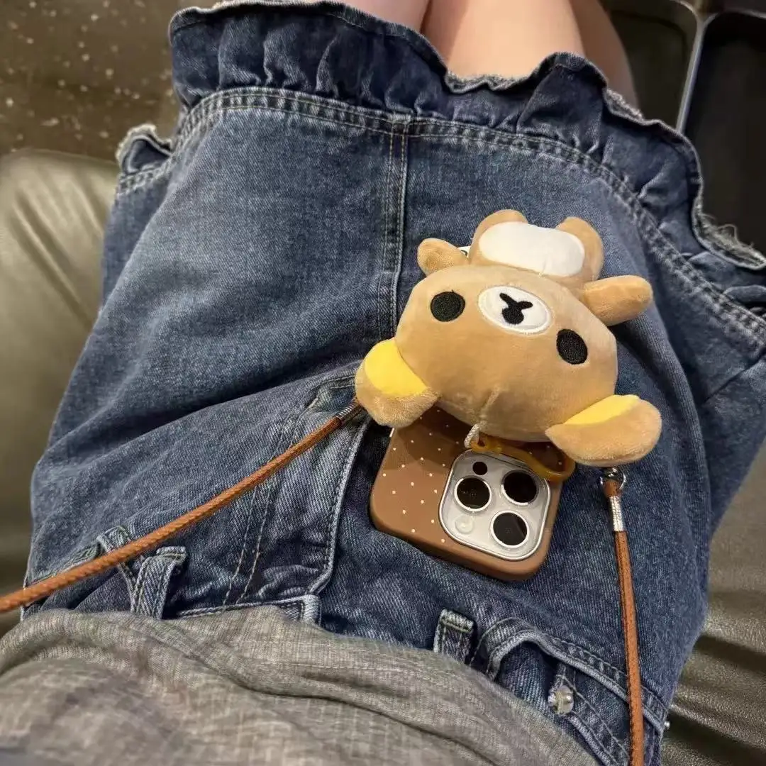 

New Kawaii Rilakkuma Plush Toy Phone Back Clip Cartoon Crossbody Carried Back Detachable Shoulder Strap Cute Phone Accessories