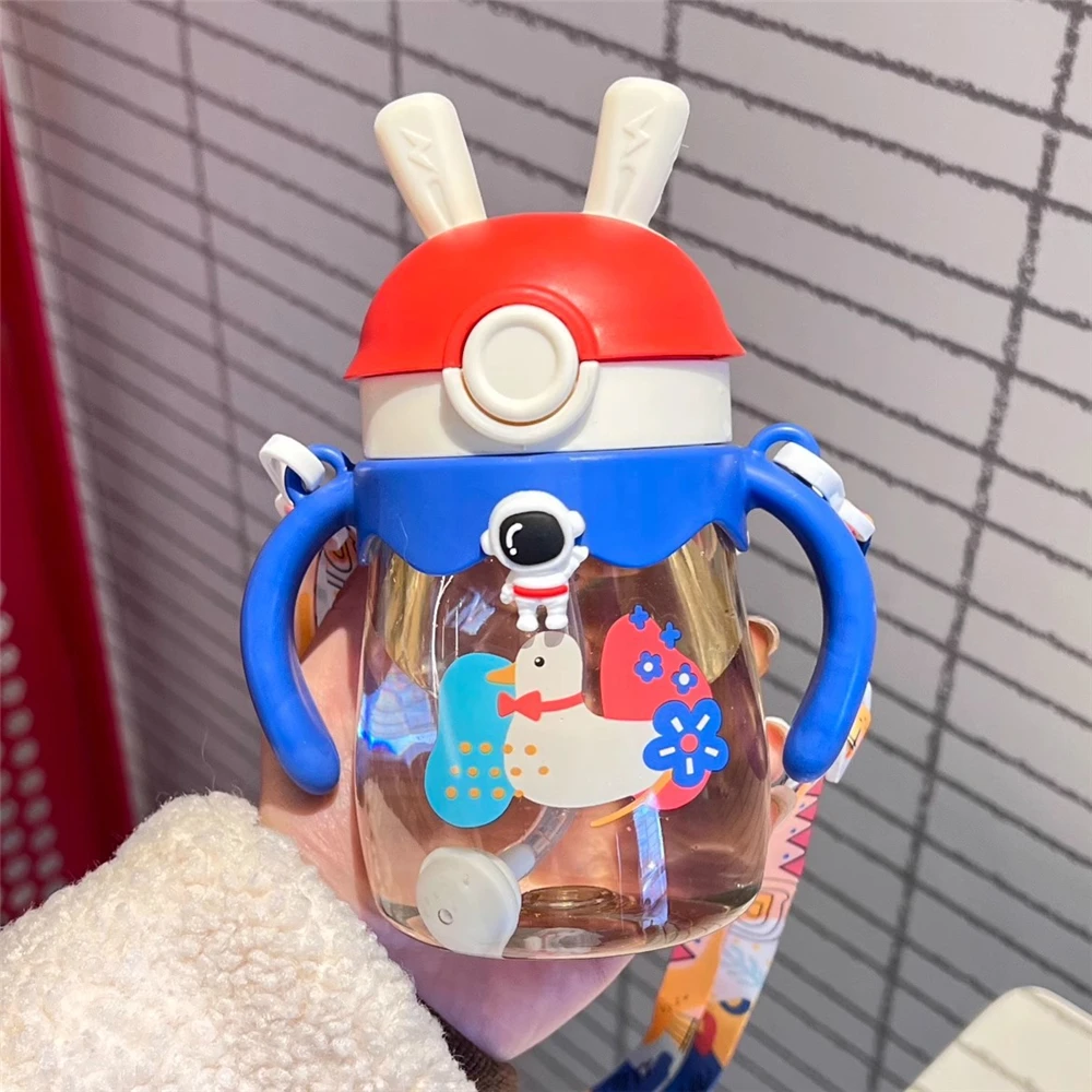 370ml Cute Childrens Cartoon Water Cup With Graduated Straw Portable Outdoor Sports Kindergarten Home Transparent Seal Water Cup