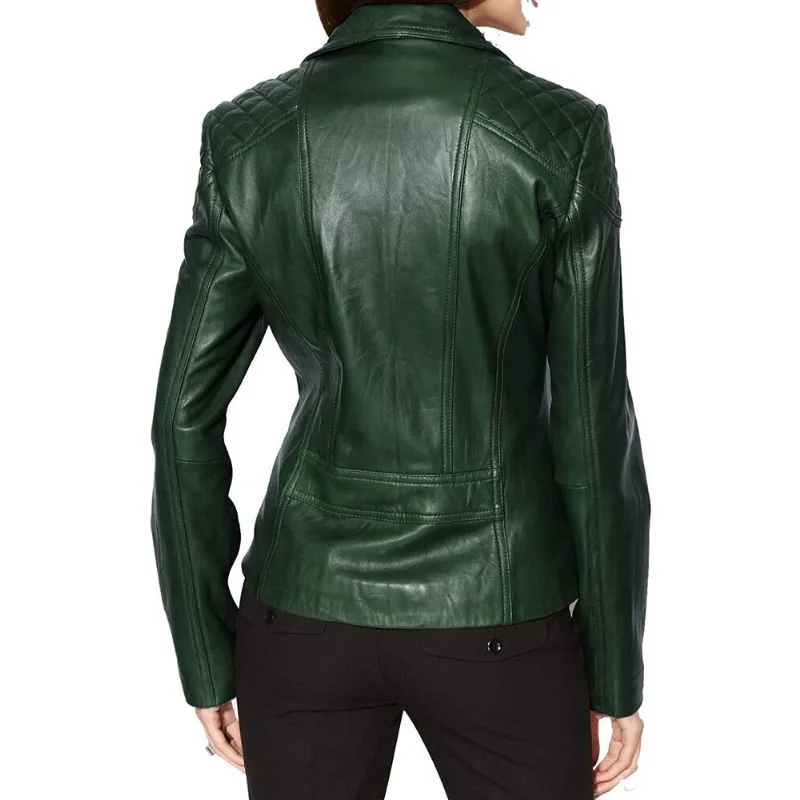 Women's 100% Lambskin Leather Jackets Motorcycle Biker Slim Fit Green Zip Up