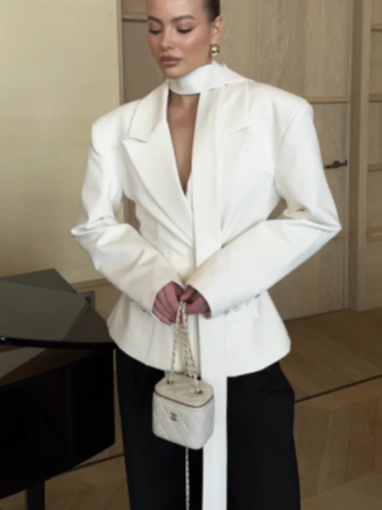 

Elegant Fashion Suit jacket Female Patchwork V-Neck Lace-Up Commute Long Sleeve Autumn 2025 Coat For Women Bandage Suit