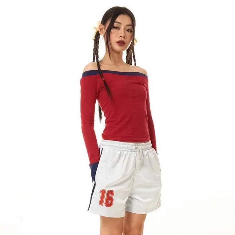 Cseta de Manga Larga dee Q24TP664, Diseño Cruzado con un Solo Hombro, Estampado de s, Sexy, Entallada, Bloques...