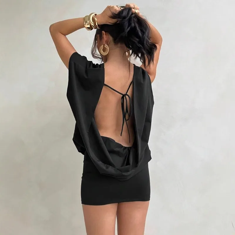 

Summer Fashion Backless Lace Up Bodycon Dress Sexy Women's Solid Elegant Mini Party Club Street Outfit Korean Hip Wrap Vestidos