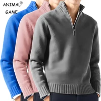 Nuevos suéteres de manga larga con cuello alto para hombre, ropa de calle tejida de Color sólido, abrigos transpirables de gran tamaño con media cremallera, abrigos cálidos básicos