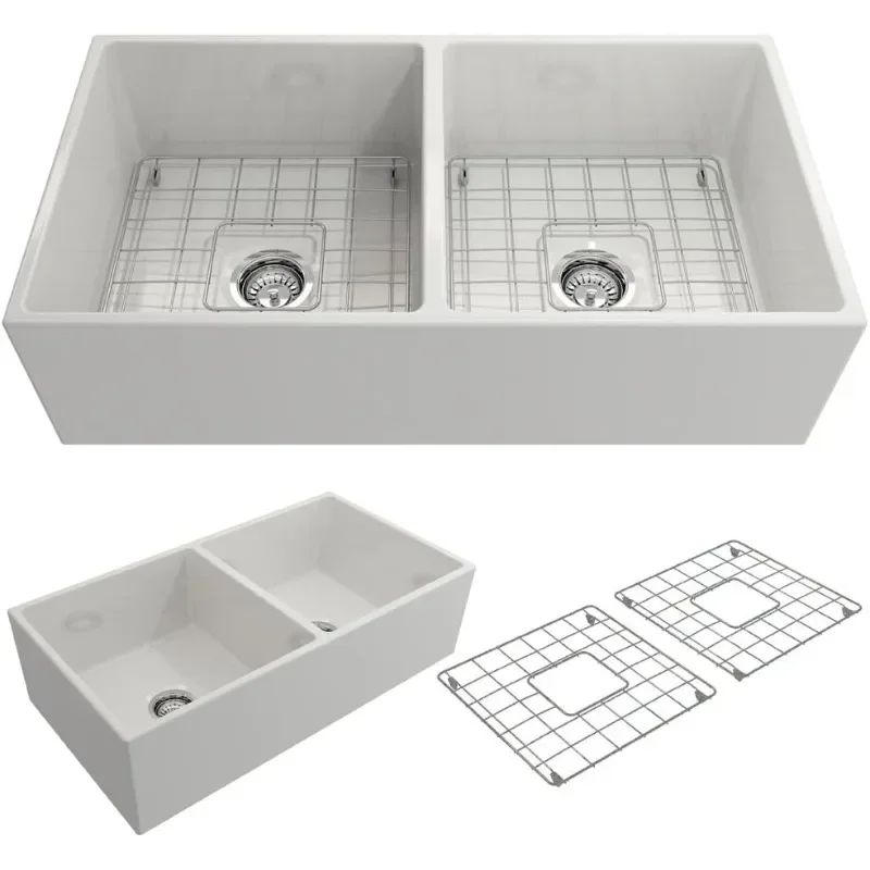 BOCCHI Contempo Farmhouse Apron Front Fireclay 36 in. Double Bowl Kitchen Sink with Protective Bottom Grid and Strainer in White