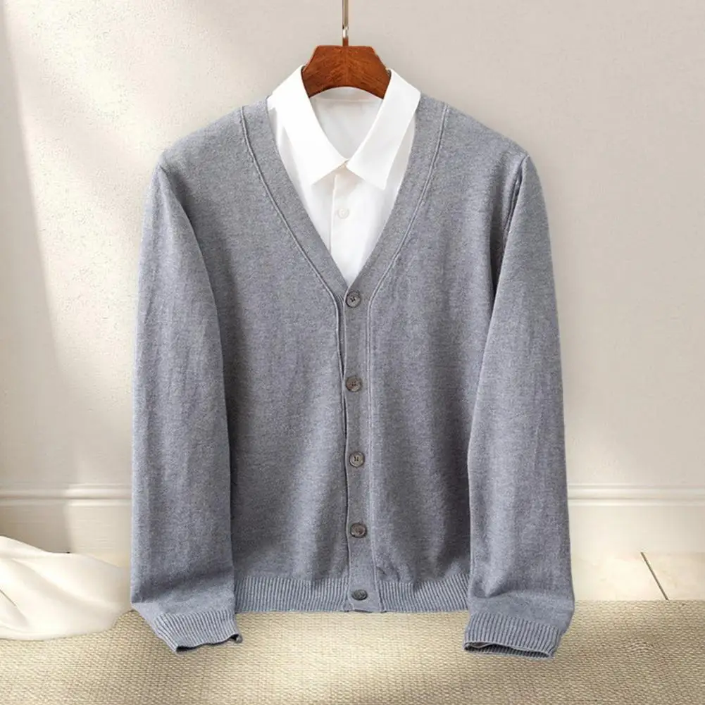 Knitted V-neck Cardigan Elastic Cuff Cardigan Men's V Neck Cardigan Sweater Coat with Single-breasted Buttons Solid for Fall