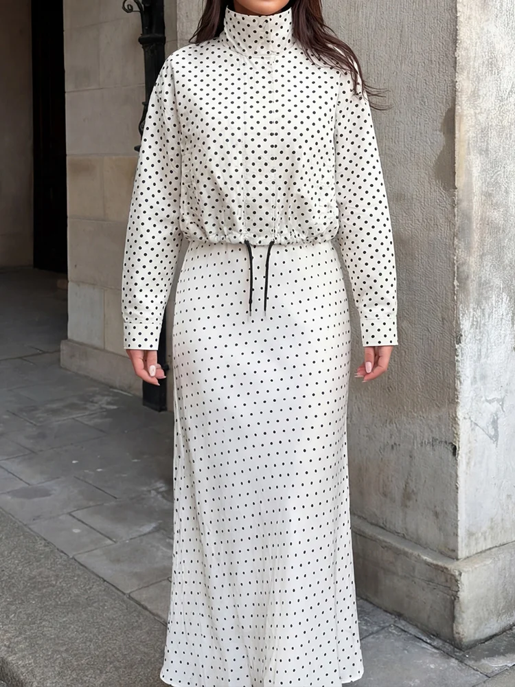 HH Elegant Spring Women Polka Dot Jacket Skirts Suits 2026 Stand Collar Cropped Jacket+Satin High Waist Midi Skirt 2-Piece Set view 4