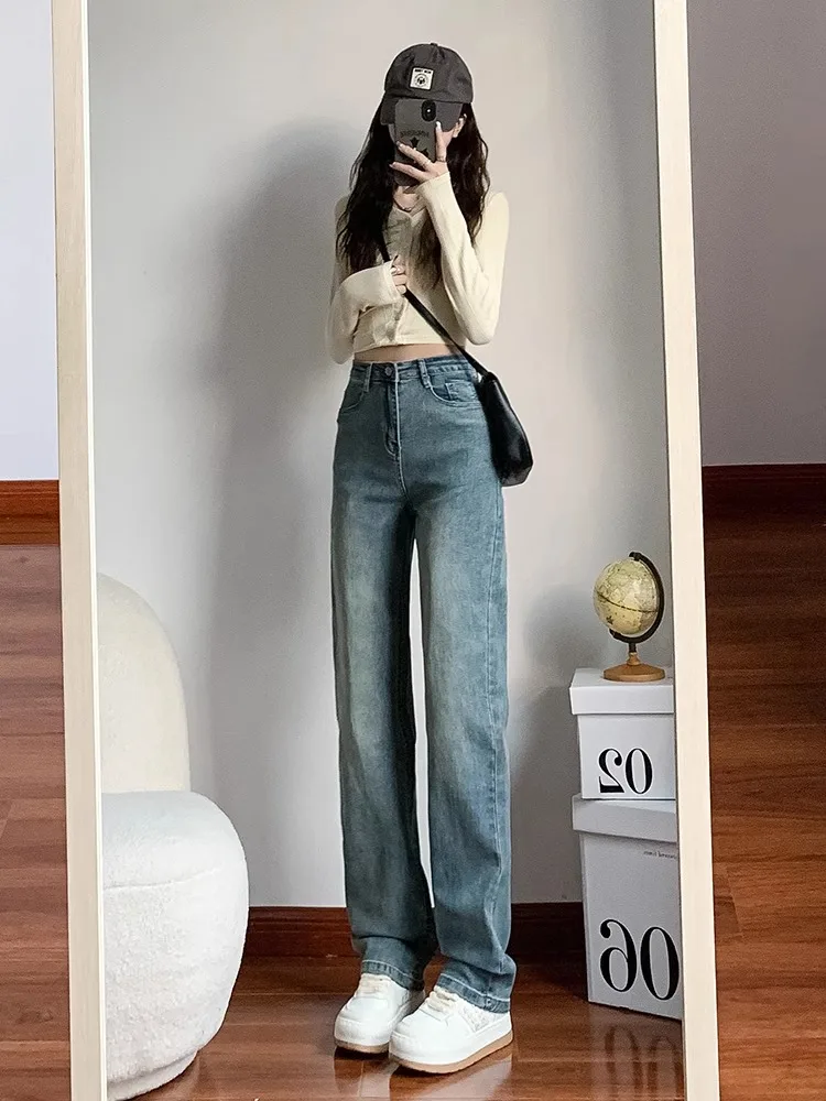 

High Waist Wide Leg Retro Slim Fit Women's Jeans Versatile Straight Tube Pants Cotton Stretch Denim Spring Autumn New Style