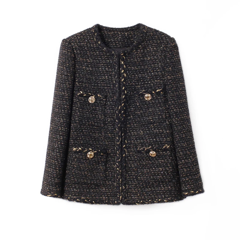 Manteau boutonné en soie brillante métallique pour femme, veste une pièce, noir, petit parfum, automne, hiver, nouveau