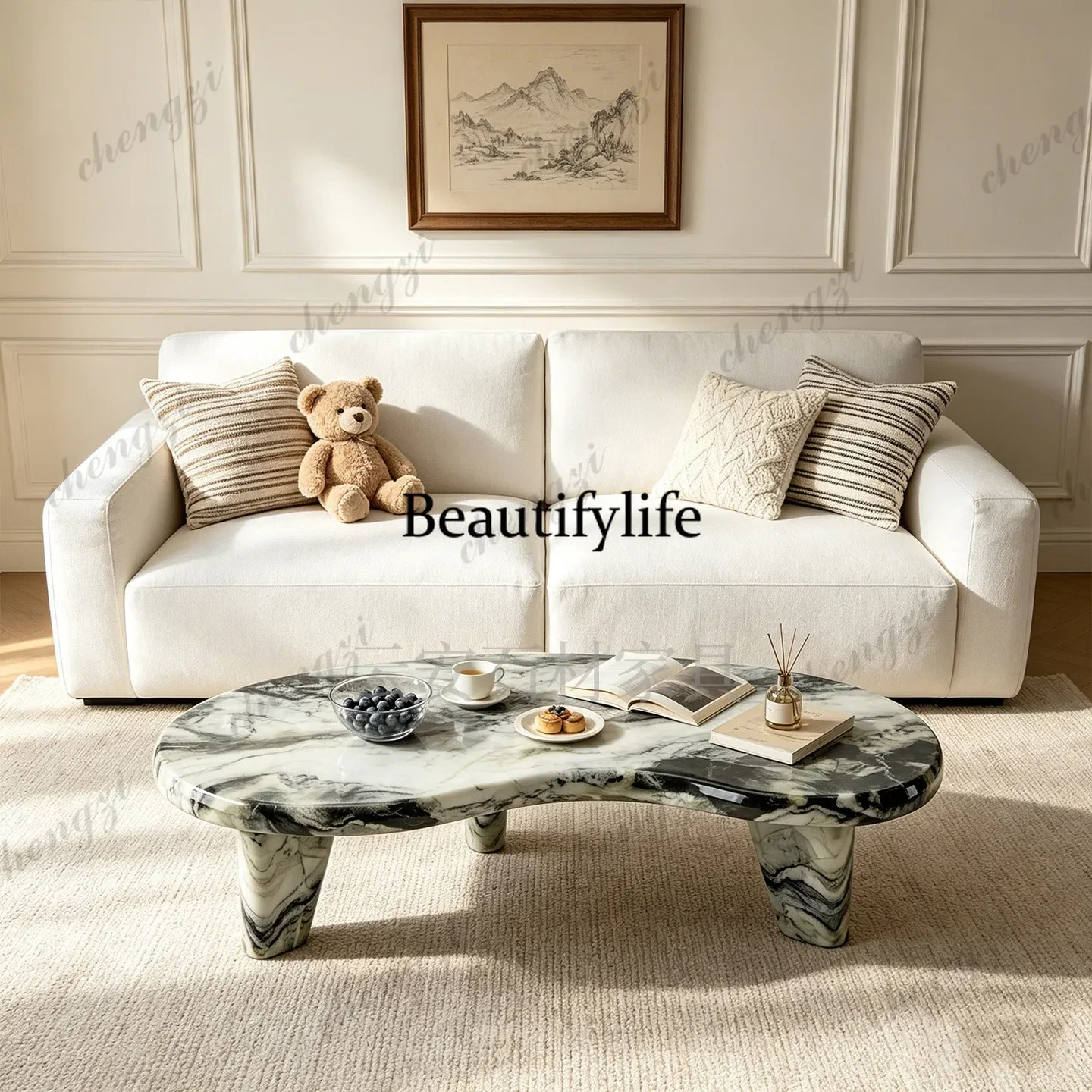 A68Nordic light luxury high-grade natural green marble special-shaped coffee table living room sofa, creative coffee table