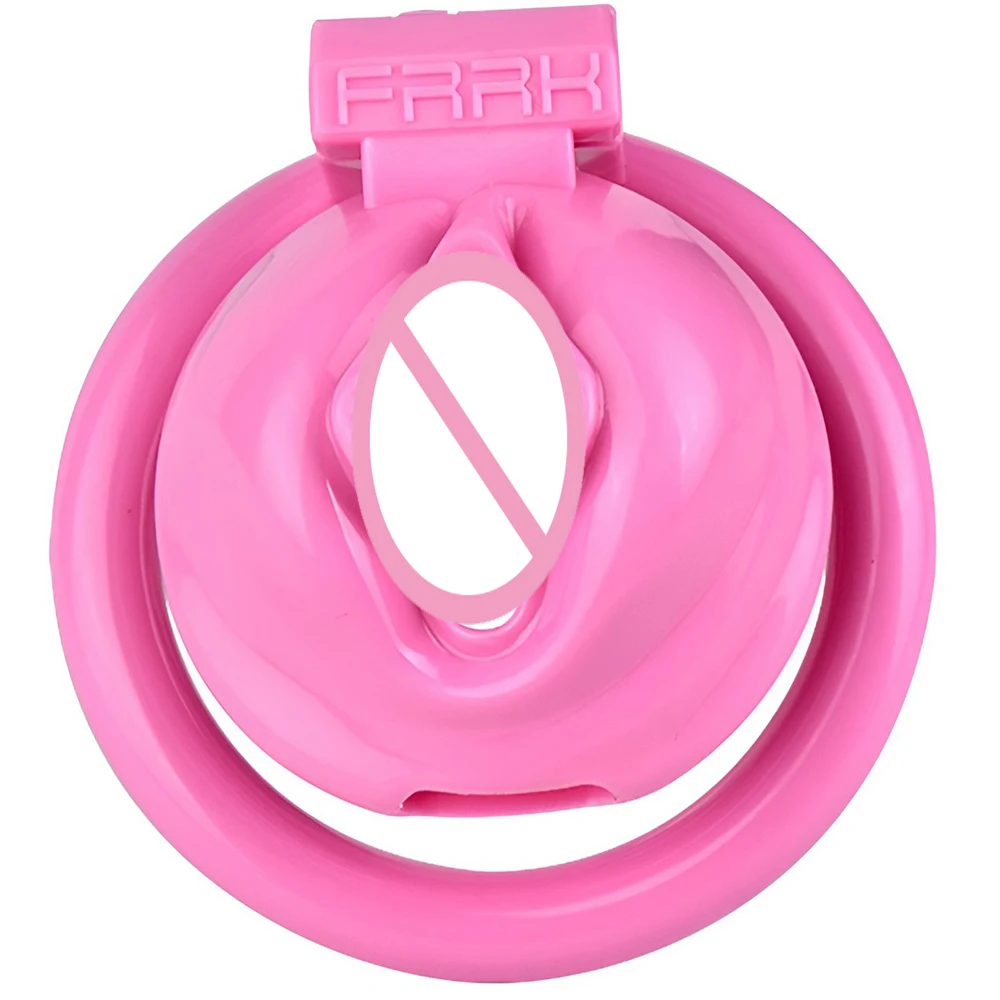 FRRK Sissies Pink Male Chastity Cage with a Female Pussy Look Extra Penis Rings Options Vagina Cover BDSM Sex Toys