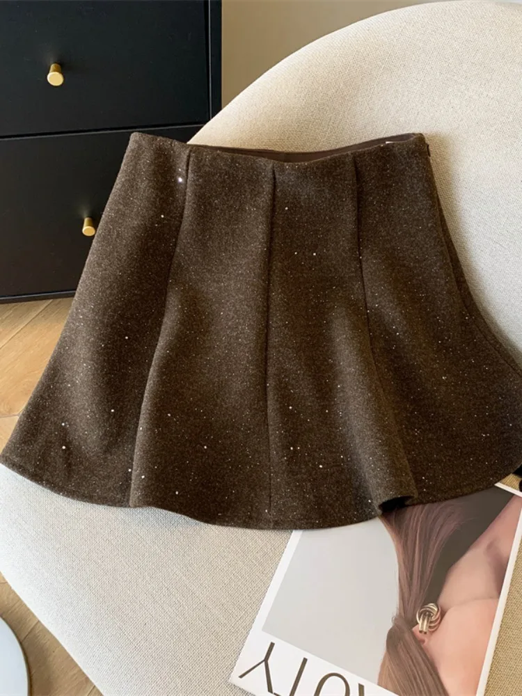 

Высококачественная шерстяная юбка с блестками, осенне-зимняя ретро-юбка с высокой талией для похудения, короткая юбка-зонтик А-силуэта с покрытием в промежности