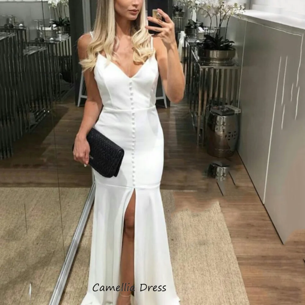 Camellia Simple Sexy Party Dresses Mermaid V-Neck Spaghetti Straps Gowns Split Button New Arrival Prom Dress فساتين سهرة