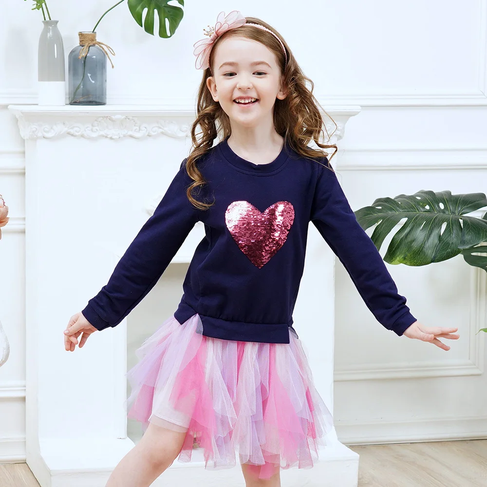 VIKITA Mädchen Hoodies Kleid Kinder Herzform Flipable Pailletten Applizierte Patchwork Kleid Mädchen Tüll Mesh Layered Tutu Kleider – Detail 3