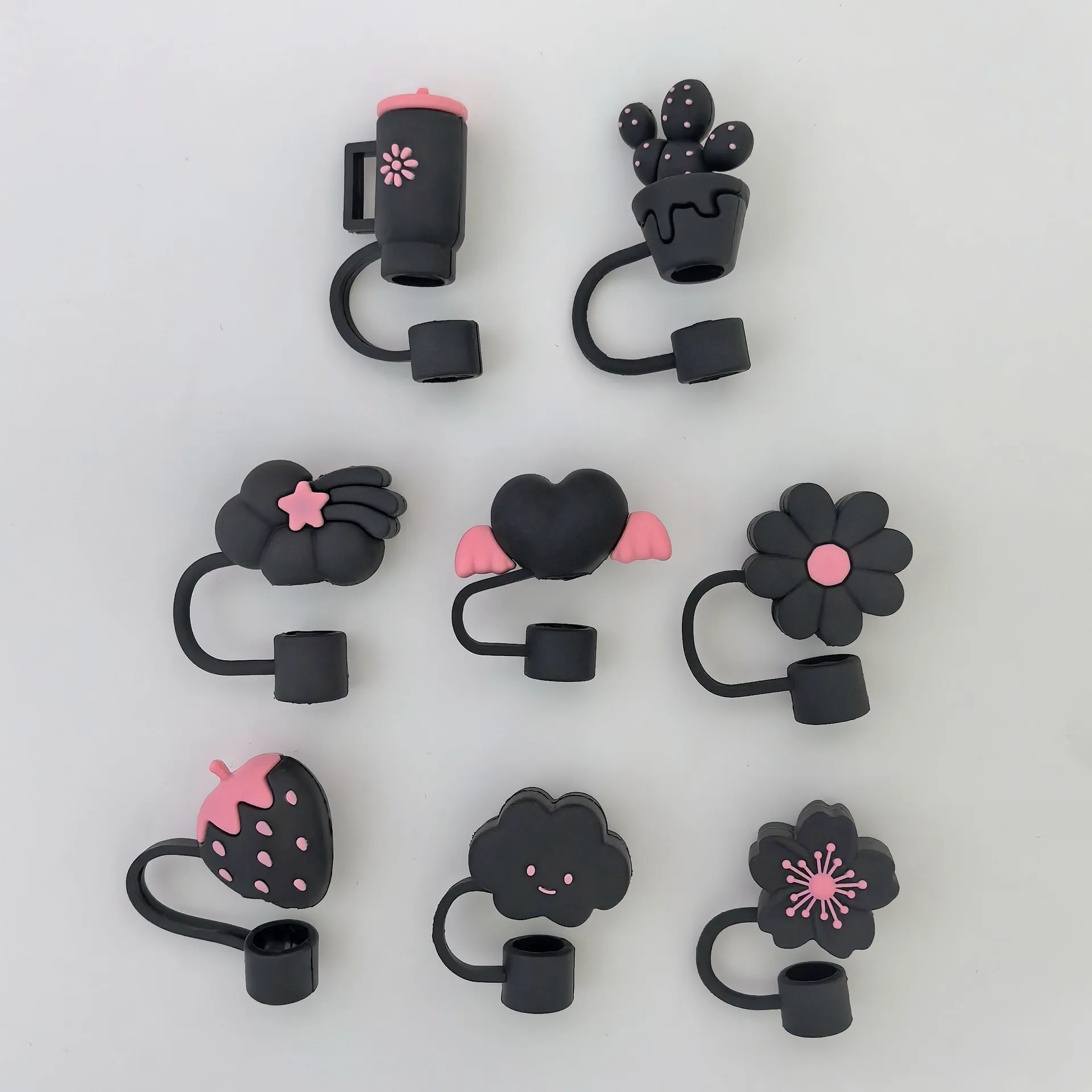 8Pcs/set Black Flower Straw Cover Cap For Stanley Cup Reusable 10mm Silicone Straw Topper Compatible 30&40 Oz Tumbler Cover