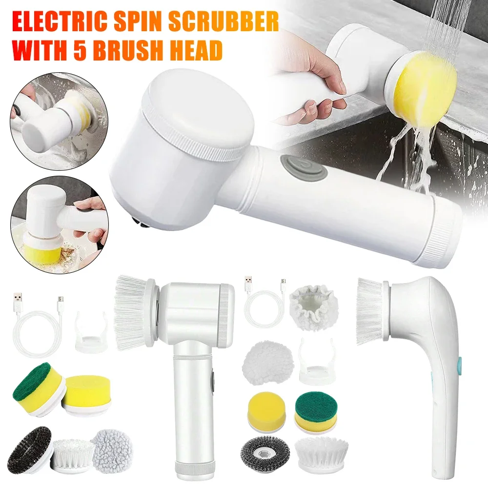 Electric Spin Scrubber With 5 Replaceable Brush Head Rechargeable Wireless Cleaning Brush Handheld Electric Cleaning Scrubber