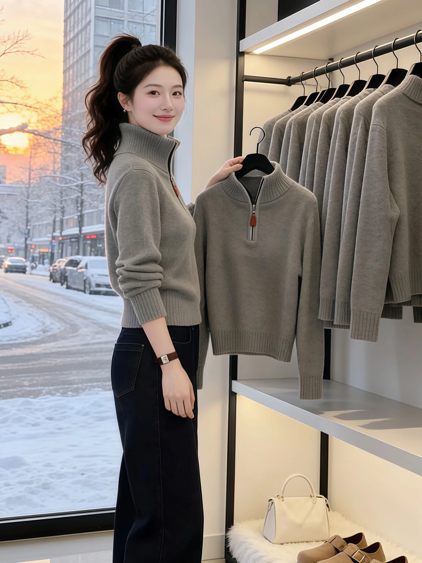 

Thickened Casual Knitted Sweater Half Zipper Long Sleeve Women's Style Commute Fashion Spring 2026 Versatile Korean Version
