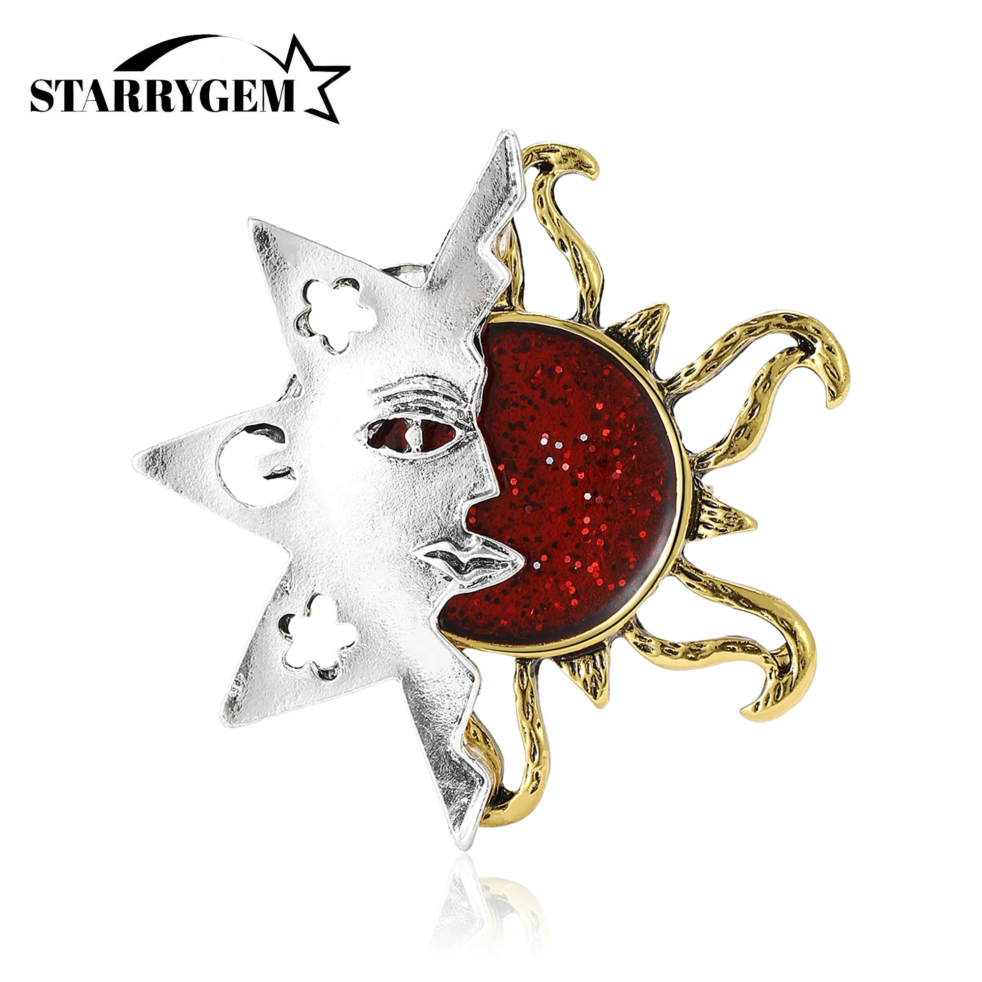 Enamel Half Face Sun Brooches for Women Unisex Rhinestone Sun and Moon Pins Office Party Friend Gifts Jewelry Accessories