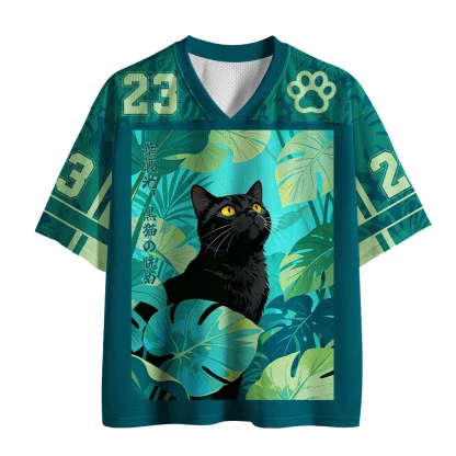 Mesh V Neck Short Sleeve Jersey, Black Cat Tropical Leaves Japanese Graphic Tee, Jungle Animal Print Loose Breathable Sports Top