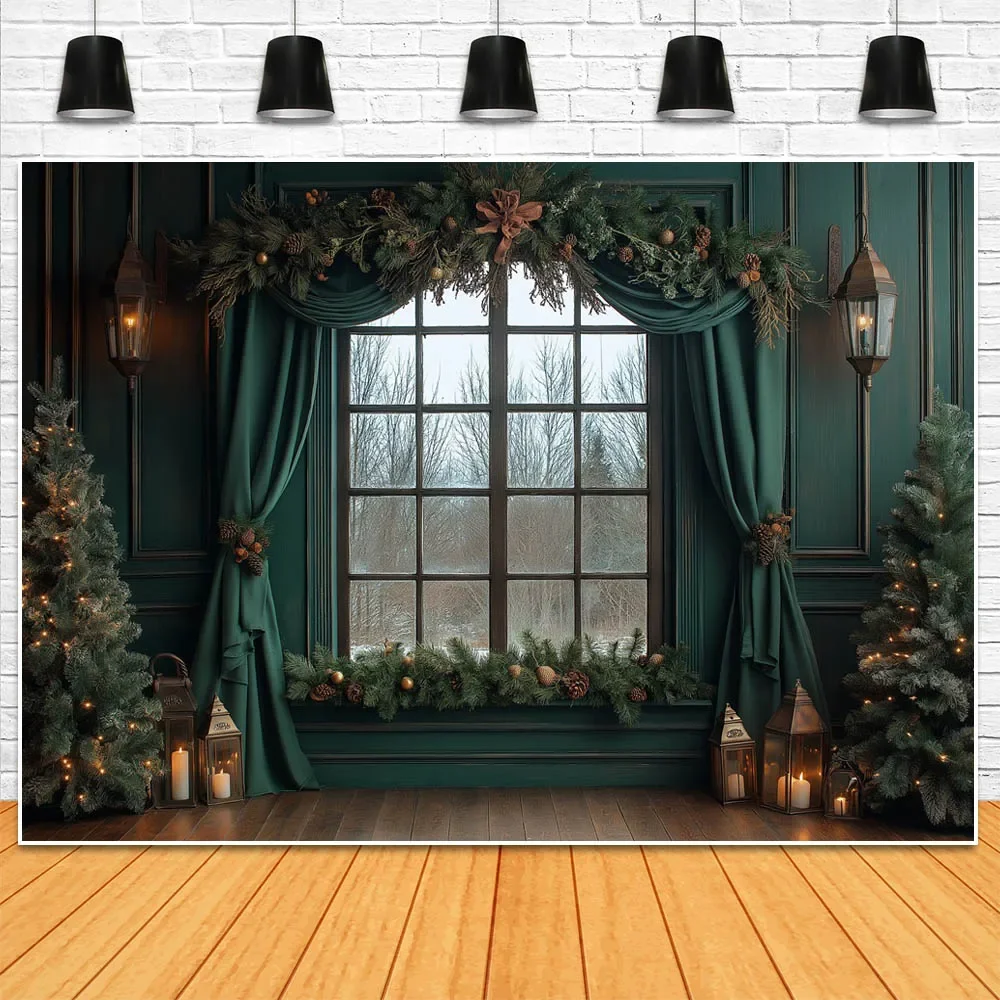 Mocsicka Photography Background Christmas Interior Decoration Dark Green Wall Window Xmas Tree Backdrop Studio Photo Shoot Props