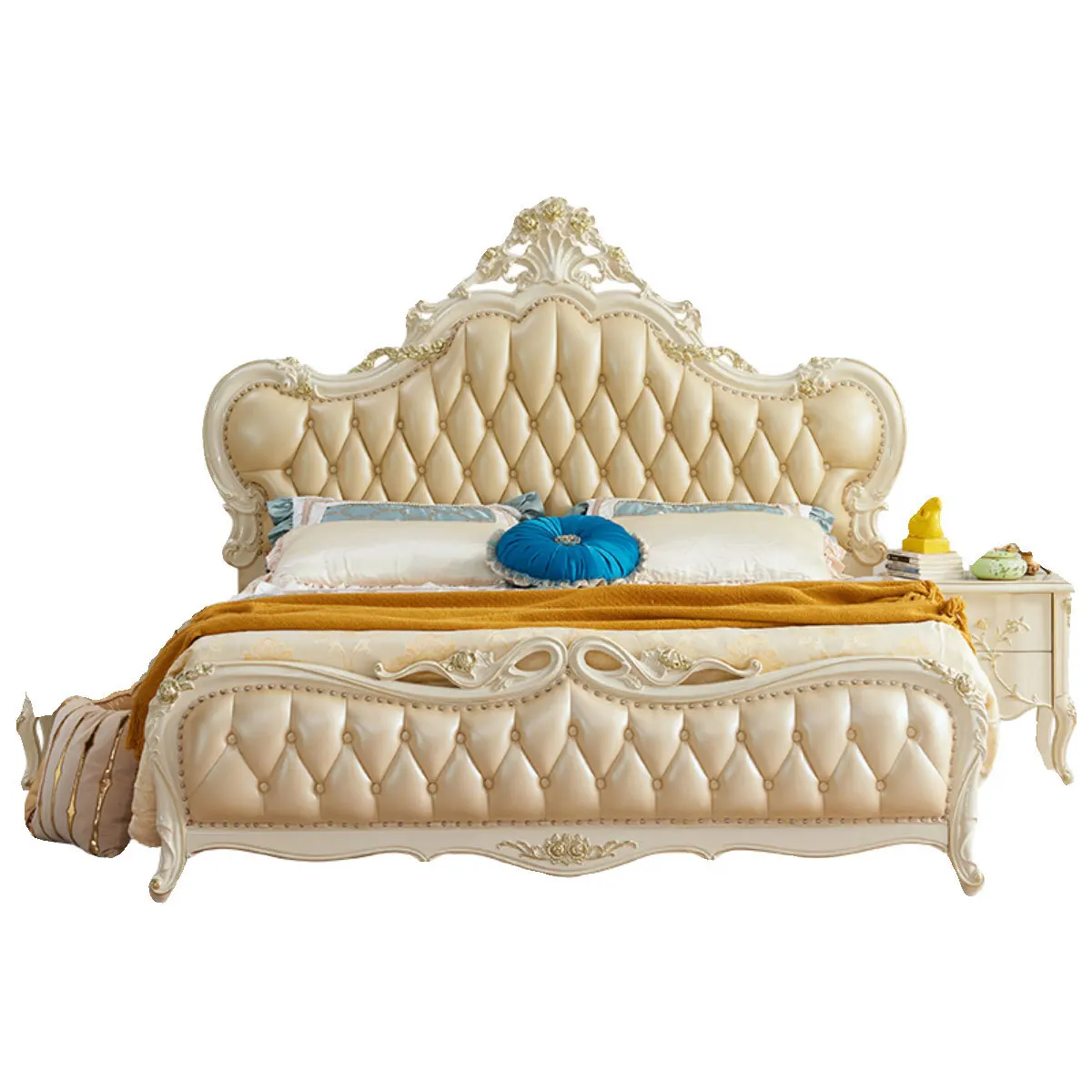 European-style Oak Master Bedroom Double Bed Villa-inspired 18-meter Solid Wood Embroidery Carved Leather High Box Custom-made