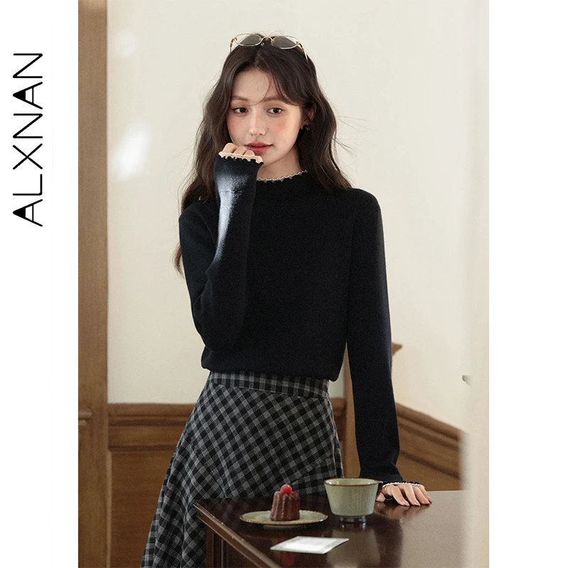 

ALXNAN Plus Size Pullovers Black Ruffle Collar Lace-trim Patchwork Button Women's Knitted Sweater Versatile Slim-fit Tops D58601