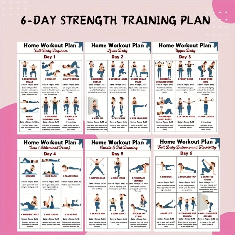 6pcs Home Fitness Wall Charts for Workouts, Home Fitness Plan Charts, Gym Plans, Fitness Guide, Fitness Workouts, Fitness Gift
