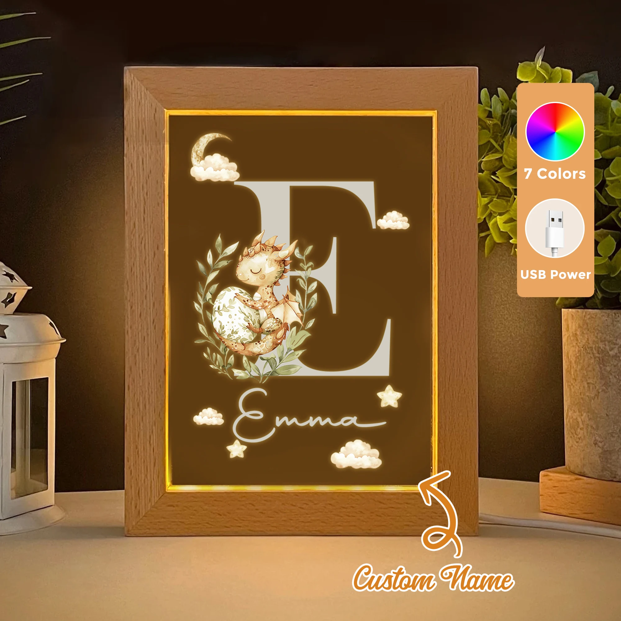 

2D Flat Custom Name Dinosaurs Eggs LED Acrylic Night Light Wood Photo Frame 21x17cm Cartoon Children Bedroom Gifts Home Decor
