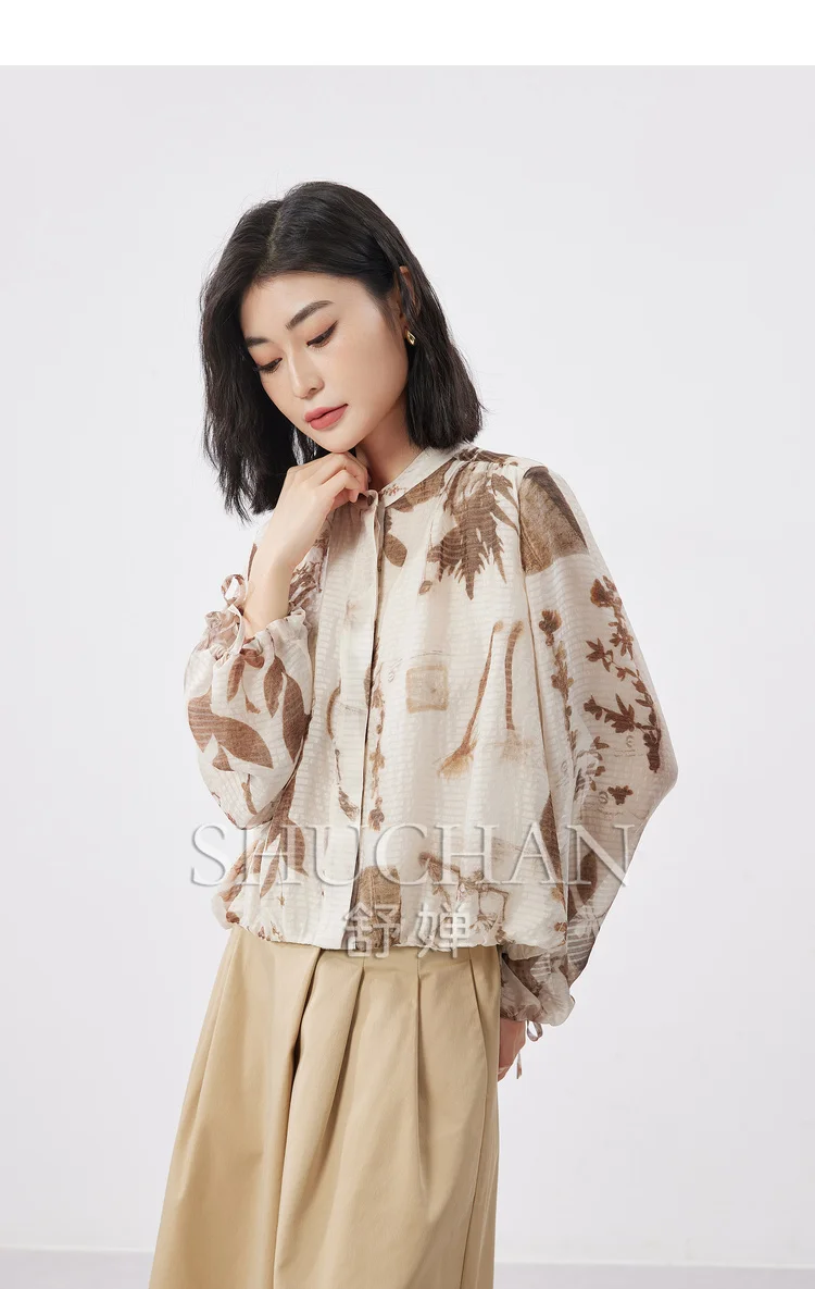 Blusas Mujer De Moda 2024 Autumn Lantern Sleeve Tops Women 100% Naturla Silk Women Shirt Print