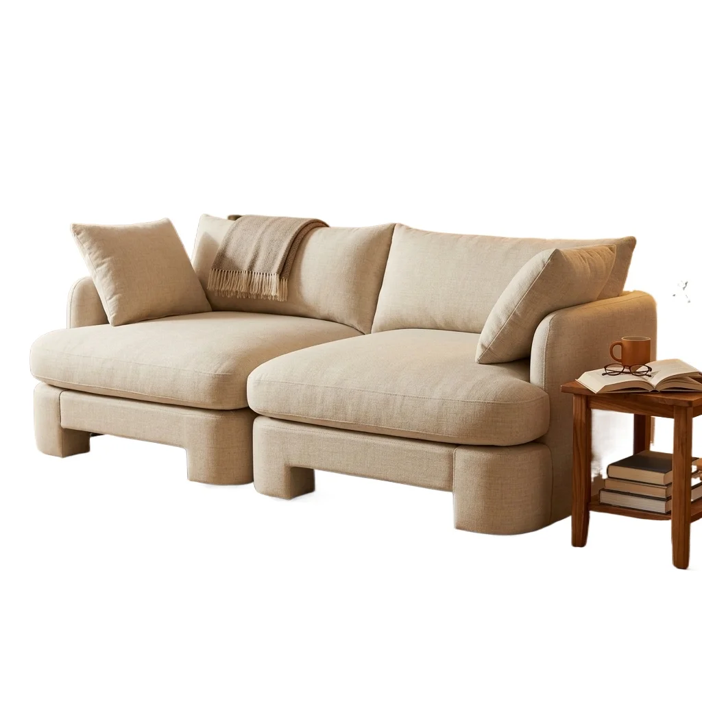 Modular 2-seat linen combination sofa, beige removable block base double sofa, deep seat large sofa with pillow, tatami floor