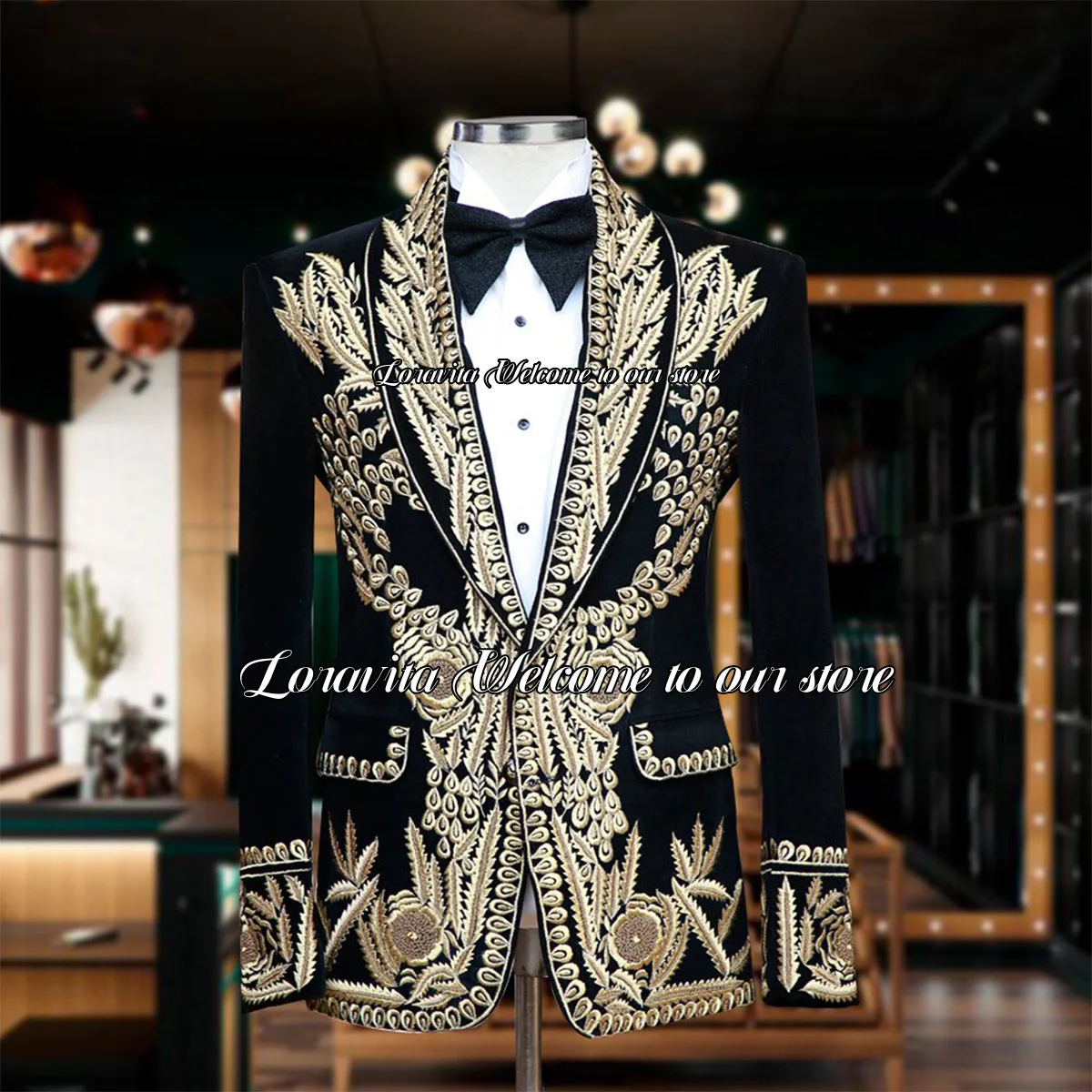 

Luxury Gold Embroidered Applique Men Suits Slim Fit Wedding Groom Tuxedos Fashion 2 Pieces Male Prom Blazer trajes para hombre