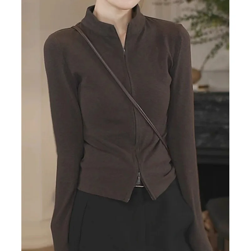 

Коричневая женская толстовка на молнии с воротником-стойкой, приталенная, с длинным рукавом, элегантная и стильная повседневная теплая кофта