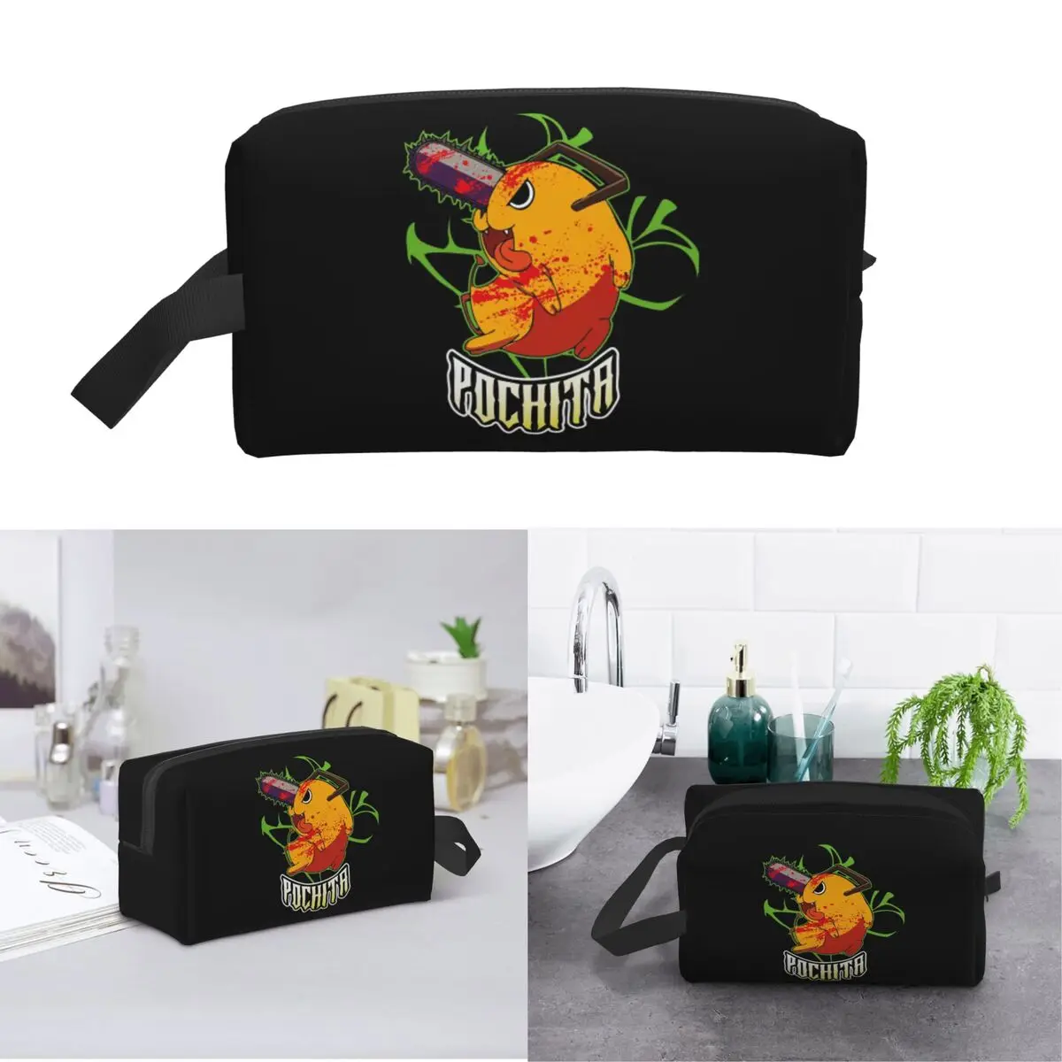 Pochita Ramen Chainsaw Man Anime Makeup Bag Cosmetic Organizer Storage Dopp Kit Toiletry Cosmetic Bag for Women Beauty Travel