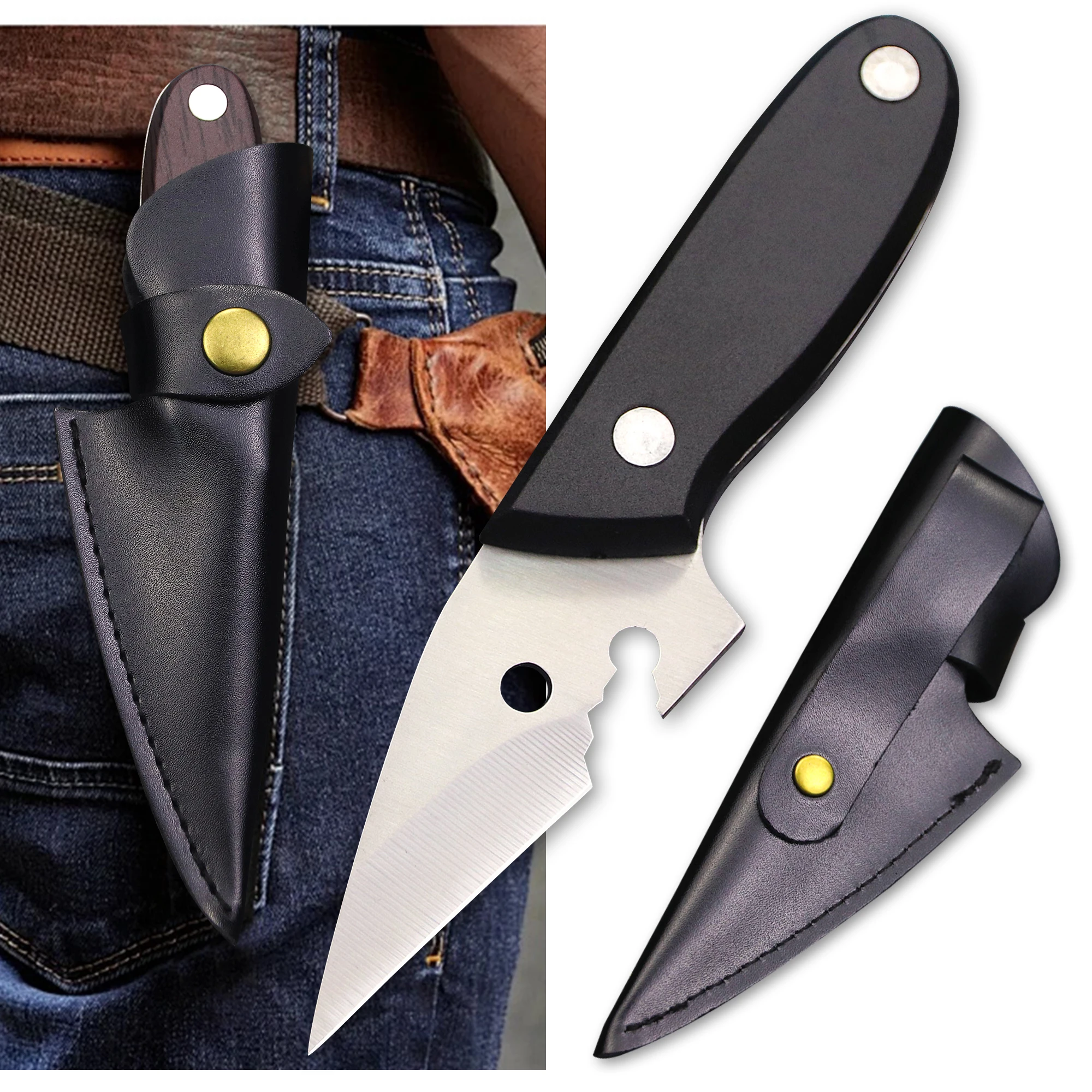 (Little White Shark) Multi-purpose outdoor EDC straight knife, ABS handle box cutter + leather sheath, bottle opener tool