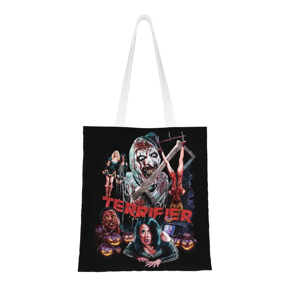 Custom Recycling Terrifiers Halloween Horror Movie Shopping Bag Women Canvas Shoulder Tote Bag Washable Grocery Shopper Bags