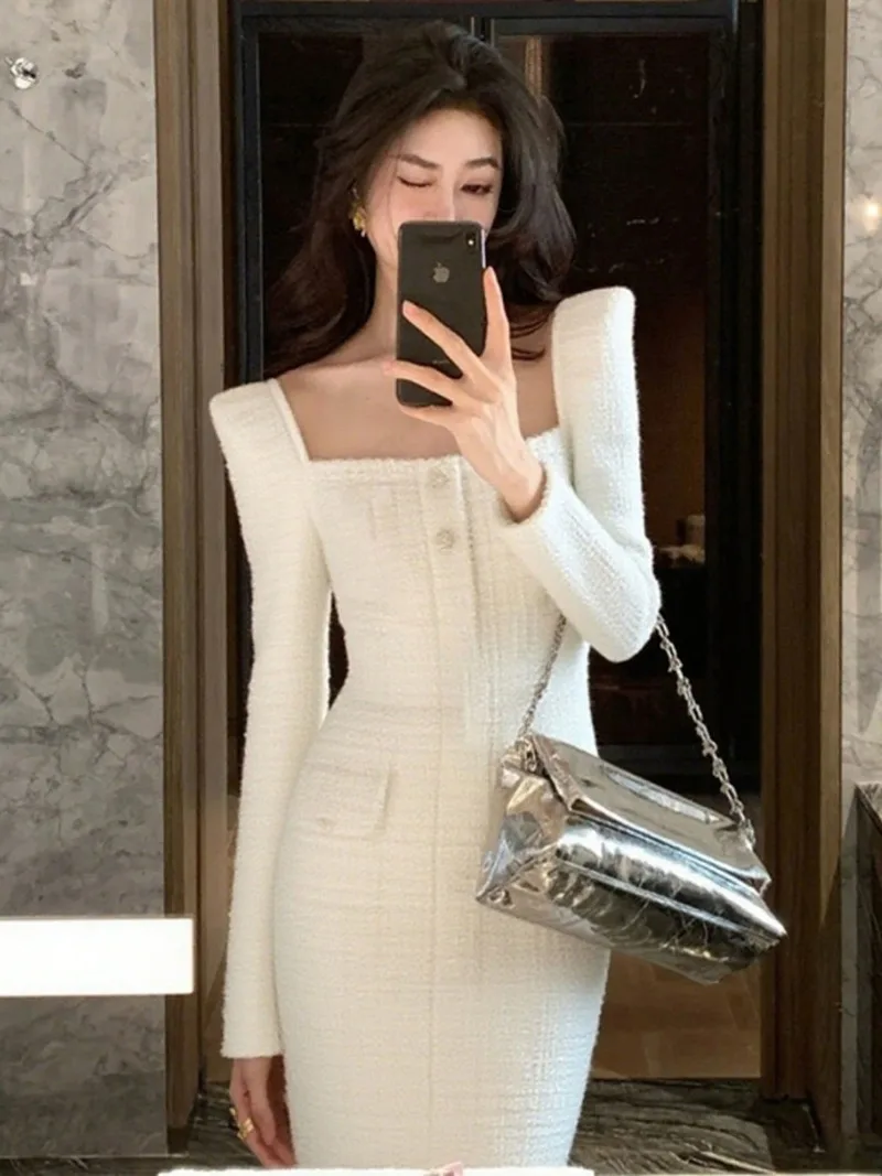 Women Tweed High End Autumn Fashion Elegant Slim Waist Long Sleeve Party VestidosNew Luxury Sexy Square Collar Dress