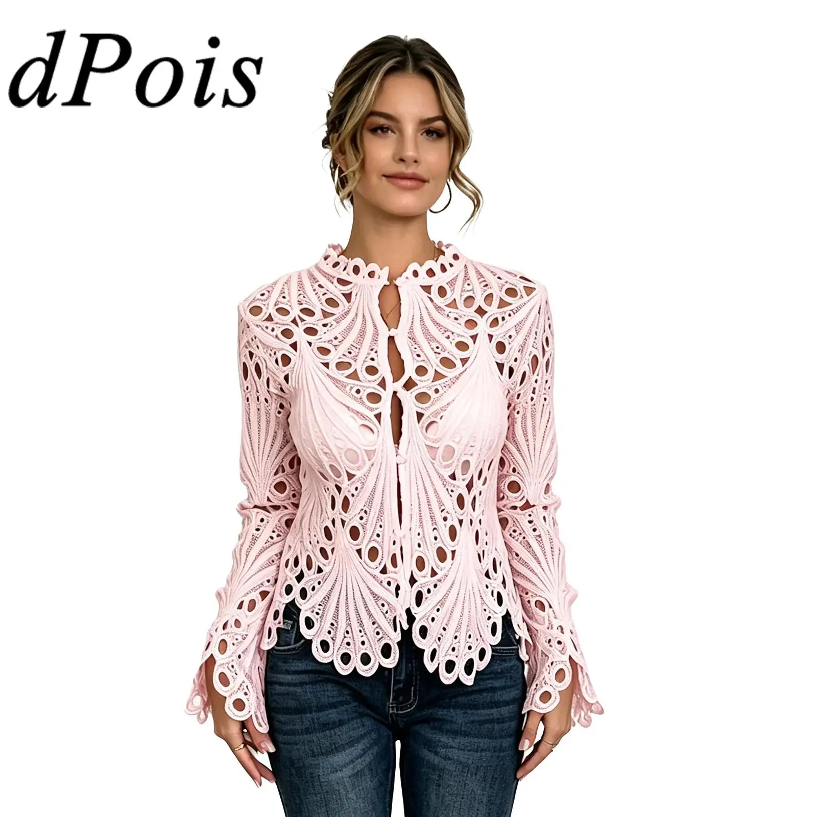 Summer Women Crochet Lace Hollow Out Blouse Flared Sleeve Irregular Hem Button-down Shirt Boho Top for Vacation Casual Clothing