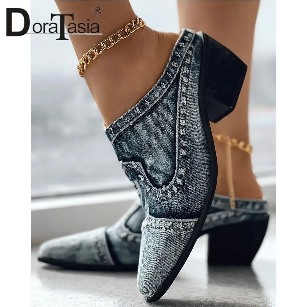 Brand New Ladies Pointed Toe Slides Fashion Chunky High Heels Summer women's Slippers Casual Party Retro Woman Shoes