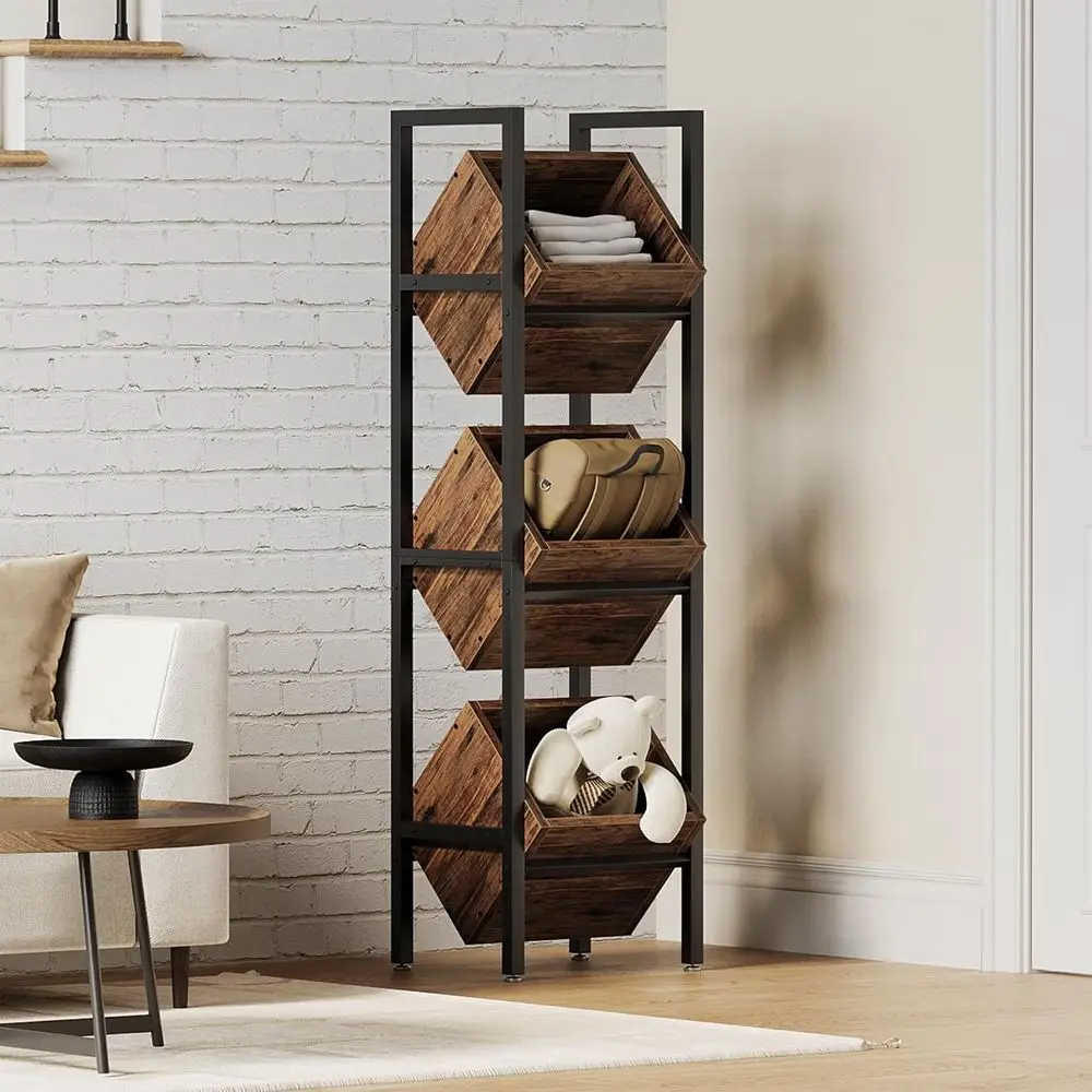Rustic 3-Tier Wooden Floor Stand Organizer, Storage Rack for Kitchen, Bathroom, Living Room (Rustic Brown)