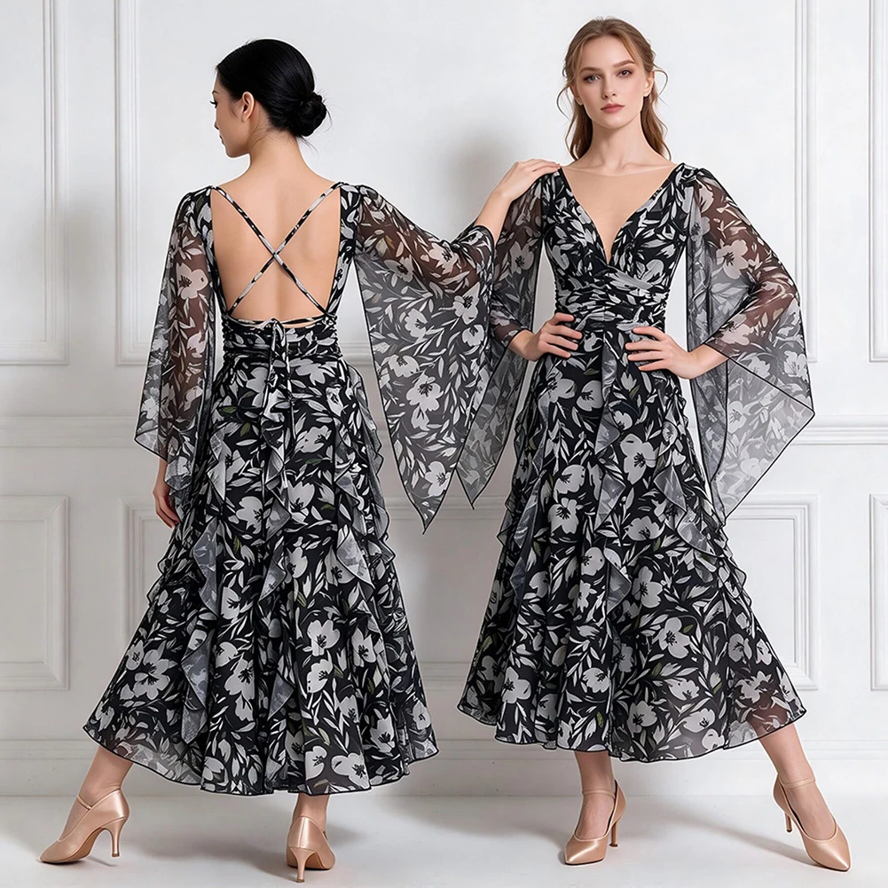 Women Floral Print Open Back Flutter Sleeve Mesh Ballroom Dance Dress Waltz Elegant Big Swing Stage Performance Costumes